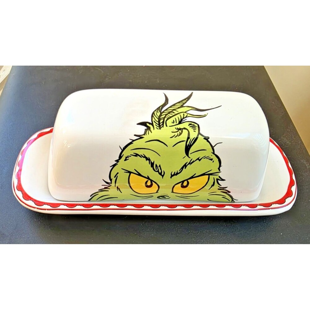 Dr. Seuss Ceramic Covered Butter Dish How the Grinch Stole Christmas New